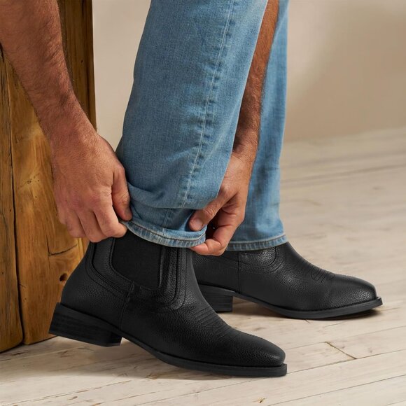 ⚡Men\'s Black Faux Leather Western Square Toe Comfort Ankle Chelsea Boots